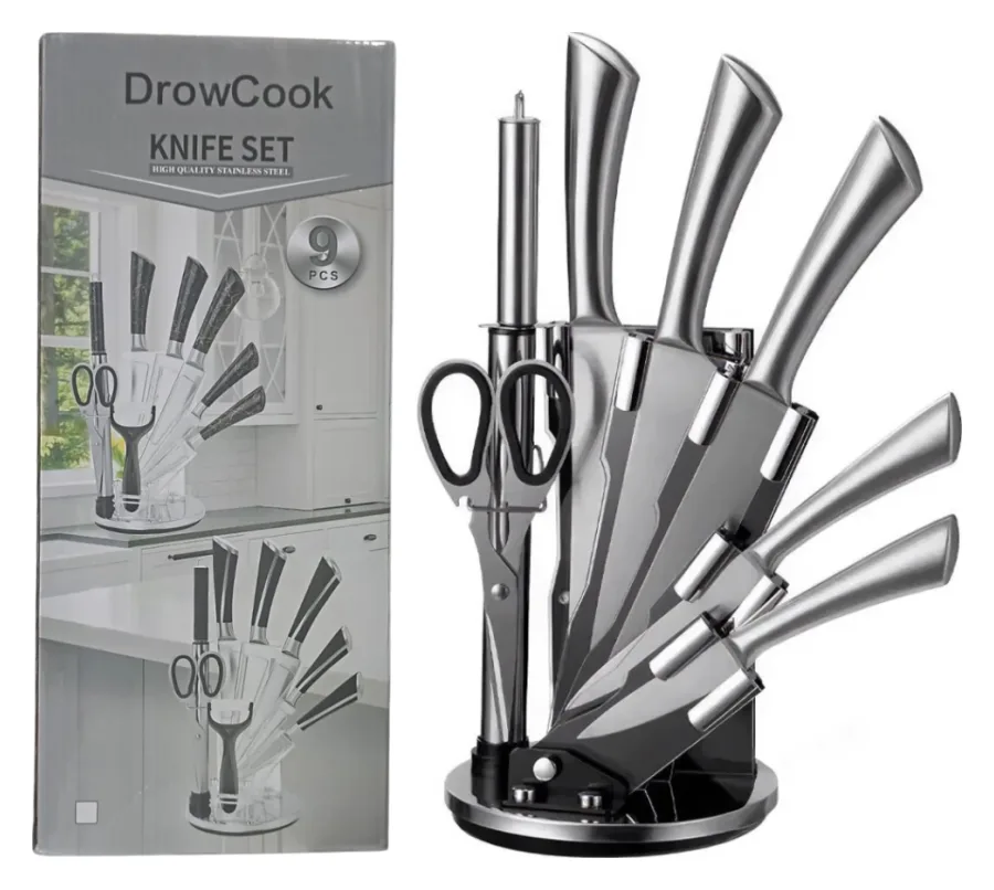 Set De 5 Cuchillos + Tijera Y Afilador Acero Inox. + Base