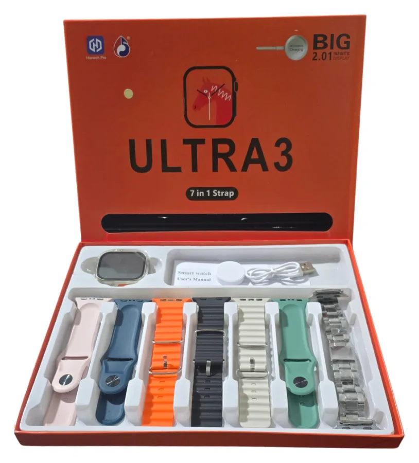 Reloj smartwatch ultra 3 con 7 mallas + carga inalambrica
