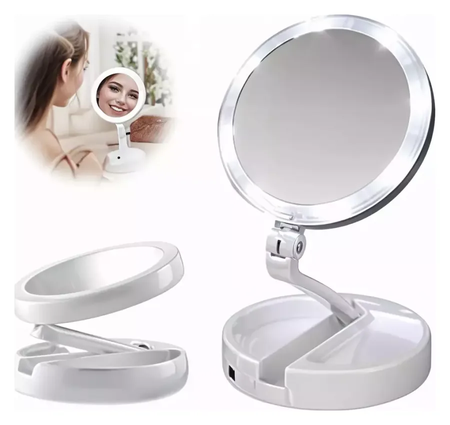Espejo Con Luz Led Doble Aumento Rotatorio Recargable