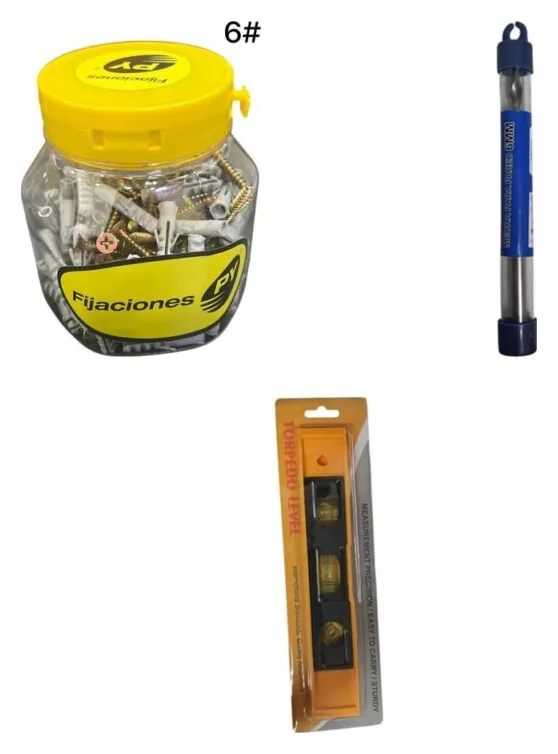 Kit para colgar estantes: tarugos, tornillos, mecha y nivel